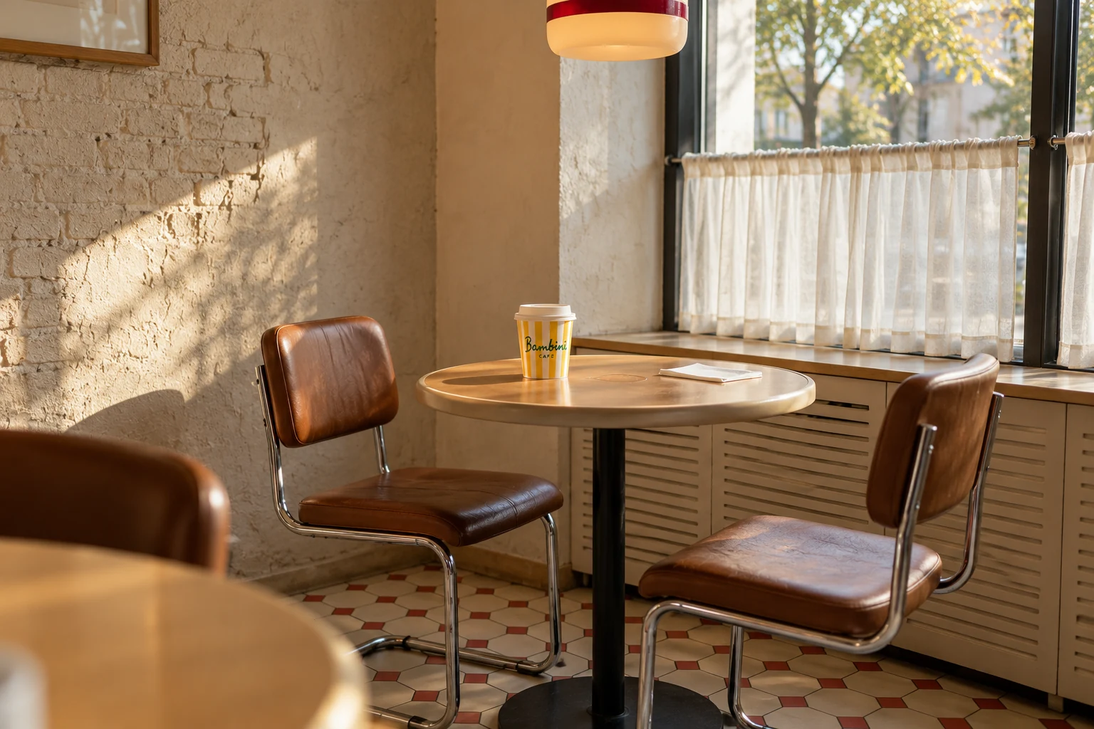 Bambini — café interior concept with vintage chairs, marble tables and warm sunlight