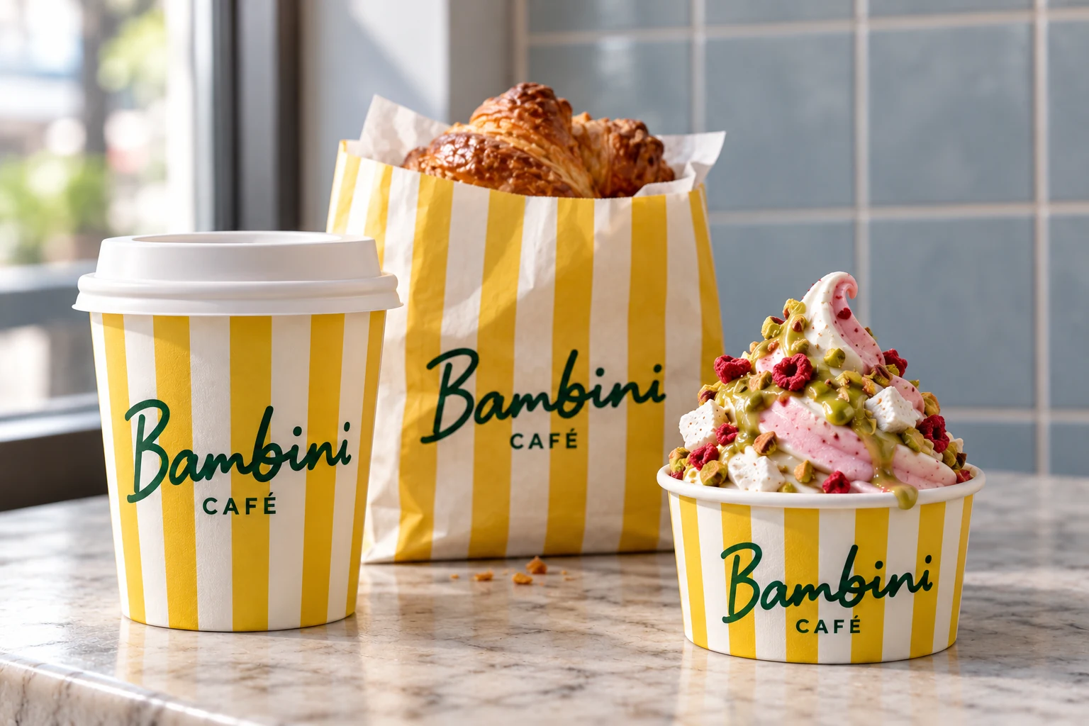 Bambini — coffee, panini and ice cream in branded takeaway packaging
