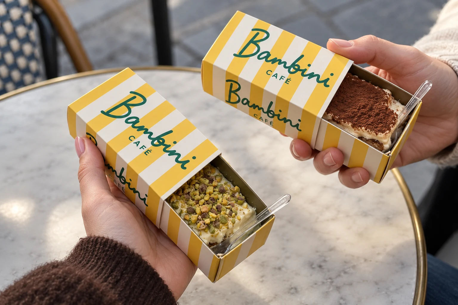 Bambini — tiramisu in yellow-striped takeaway boxes