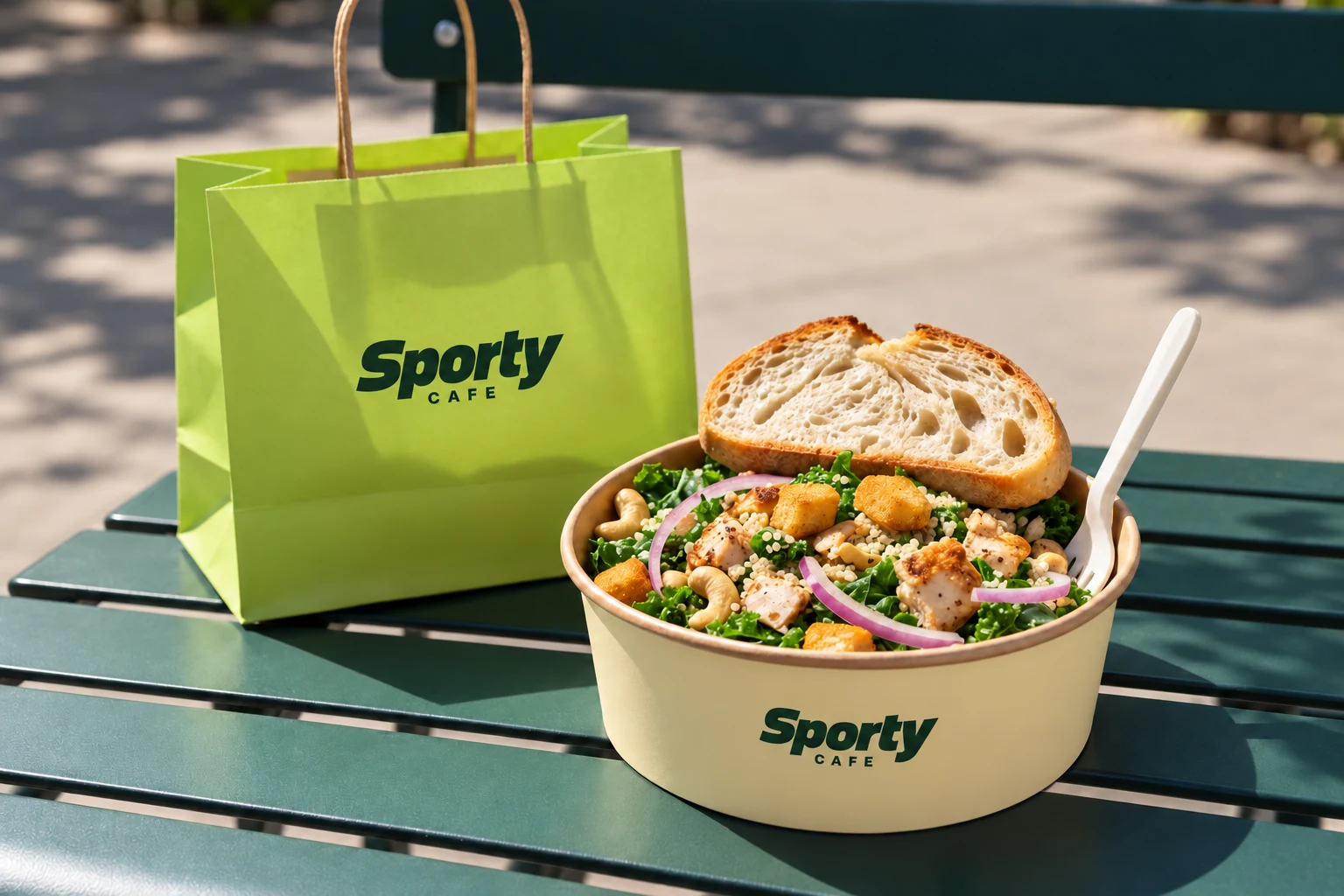 Sporty — takeaway bowl with bread and a branded green bag on a park bench
