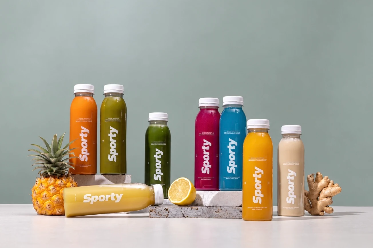 Sporty — colourful bottled drinks in branded packaging with fresh ingredients