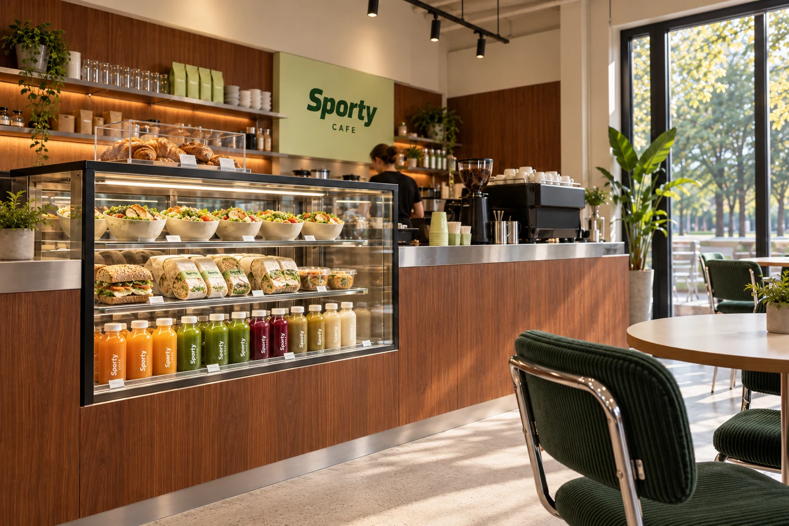 Sporty — café interior concept with a food display, bottled drinks and green chairs