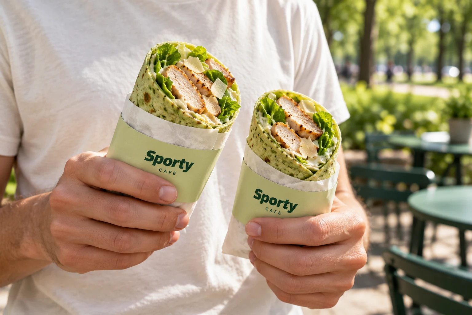 Sporty — two wraps in branded green sleeves held in the park